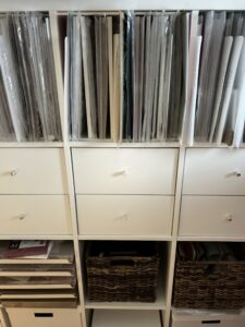 a look at my craft room organized paper, drawers for crafting tools, baskets and boxes for embellishments. 