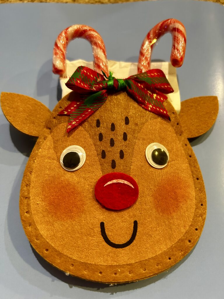 A Rudolf the Red Nosed Raindeer craft pouch filled with treats for sale at a craft fair.