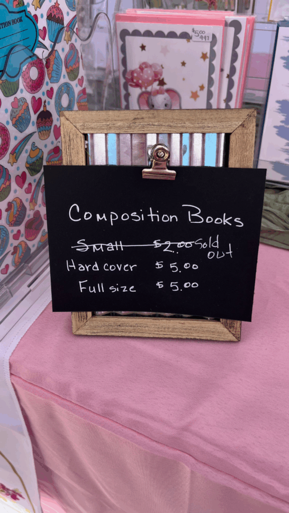 Sign in my vendor tent showing that some items were sold out.