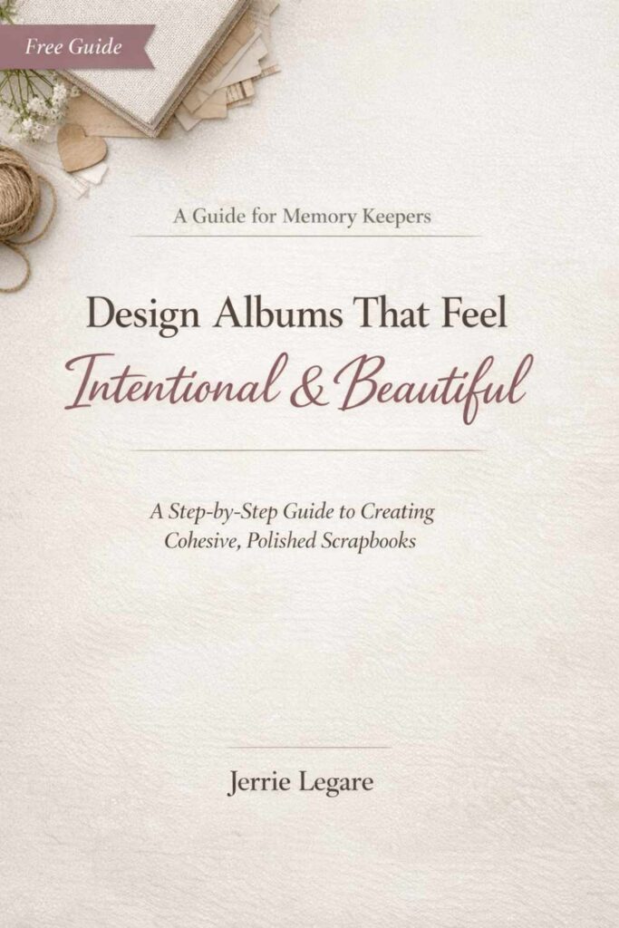 a cover of an online free pdf guide in all neutral beige with the title and author about intentional and beautiful scrapbook albums.